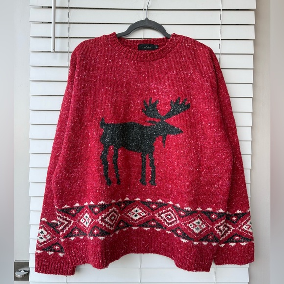 Vintage True Grit Alpine Moose Sweater Fair Isle Christmas Red XL Phoebe Buffay - Picture 13 of 13